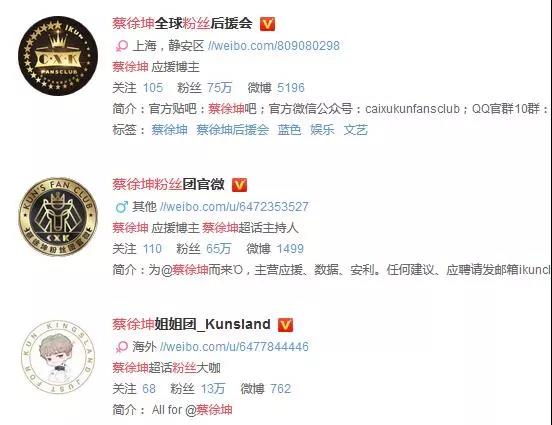 以《偶像練習(xí)生》里人氣最高的蔡徐坤為例,網(wǎng)上有不少為其成立的粉絲組織。