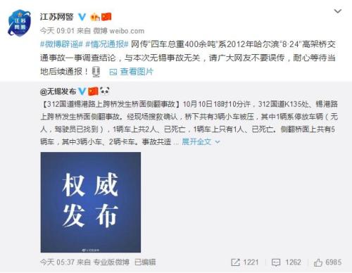 江蘇網警:“四車總重400噸壓垮無錫高架橋”系謠言