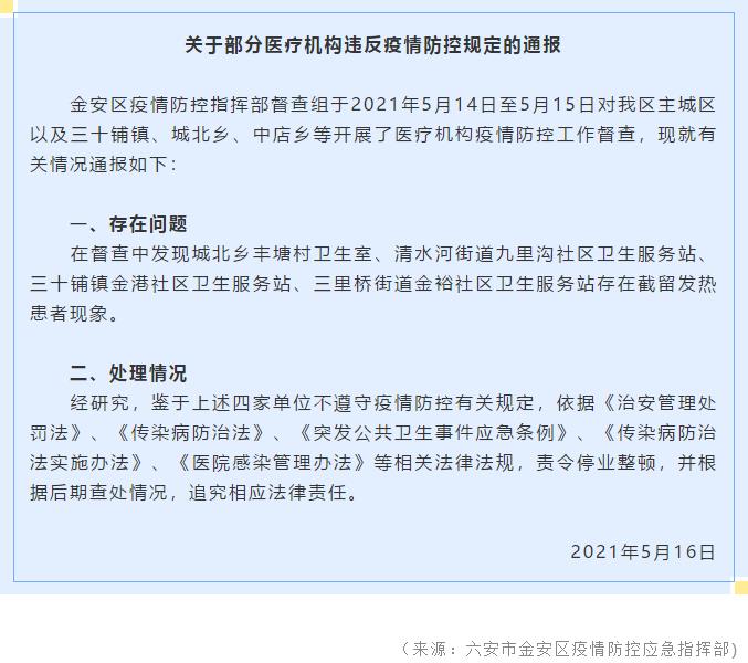 安徽六安金安區(qū):4家醫(yī)療機構(gòu)截留發(fā)熱患者,責令停業(yè)整頓