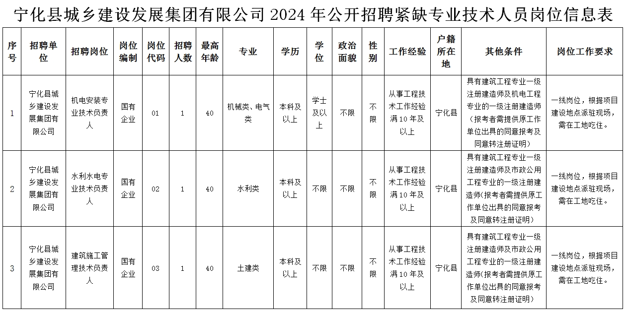 福建省寧化縣勞務派遣服務有限公司關于縣城鄉(xiāng)建設發(fā)展集團有限公司2024年公開招聘緊缺專業(yè)技術人員通告